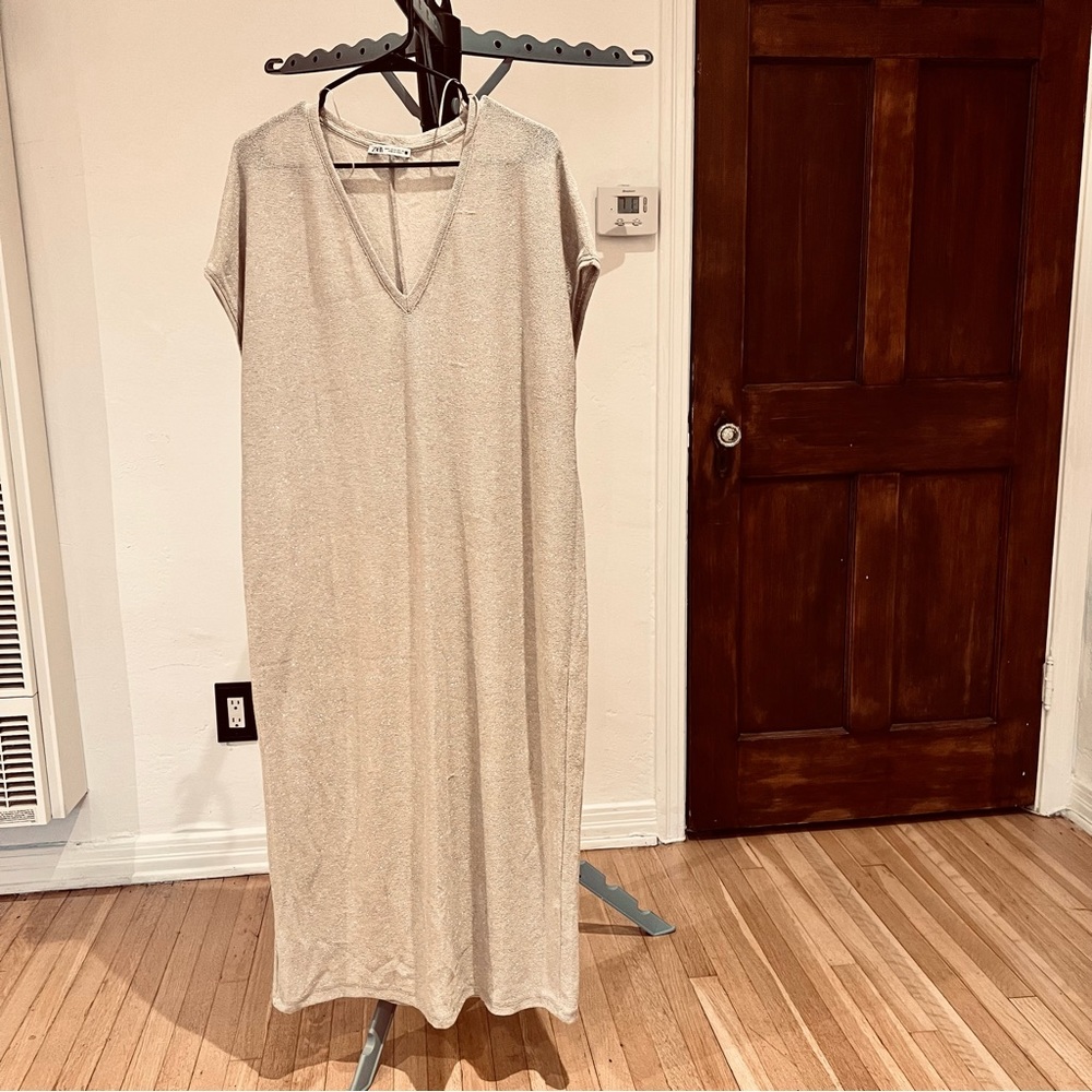 ZARA Sparkly metallic gold caftan knit dress holiday M